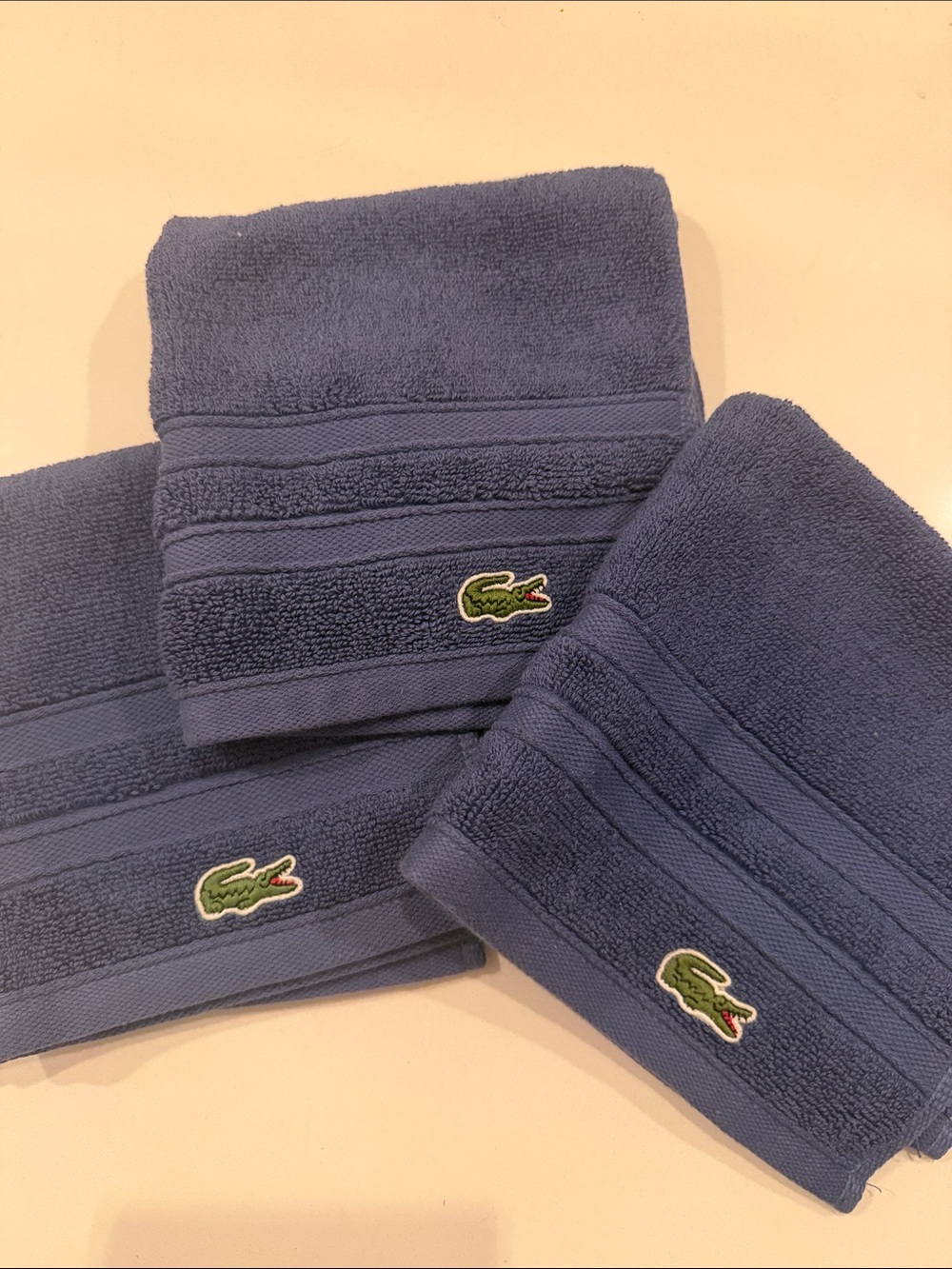 Lacoste Blue Face/Hand Towels with Green Crocodile Logo (Set of 3)